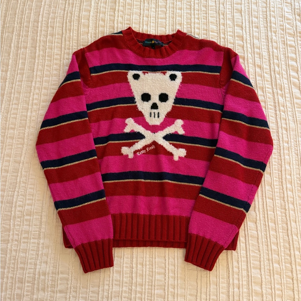 TEDDY FRESH Striped Pink and Red Skull Crewneck Sweater